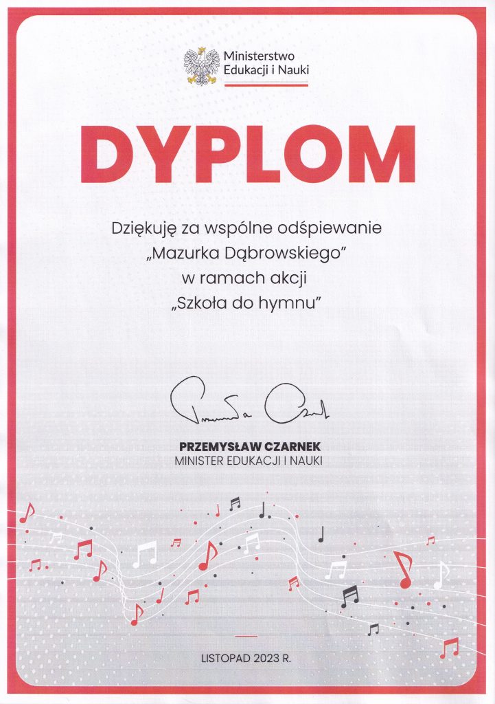 Dyplom za udział w akcji #SzkołaDoHymnu